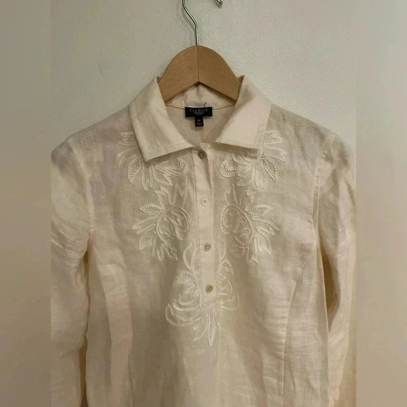 TALBOTS linen embroidered knee length belted shirt dress size 4P sundress dissh - Picture 7 of 10